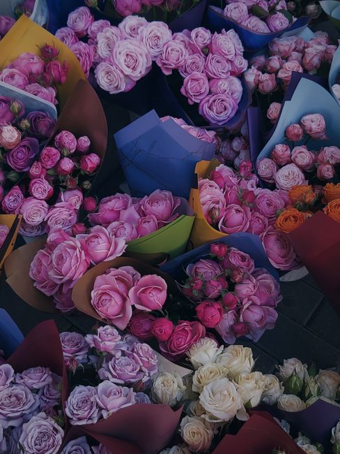 A collection of fresh flower bouquets featuring predominantly pink roses, interspersed with some cream and orange blooms. Each bouquet is wrapped in colorful paper, including shades of yellow, blue, g