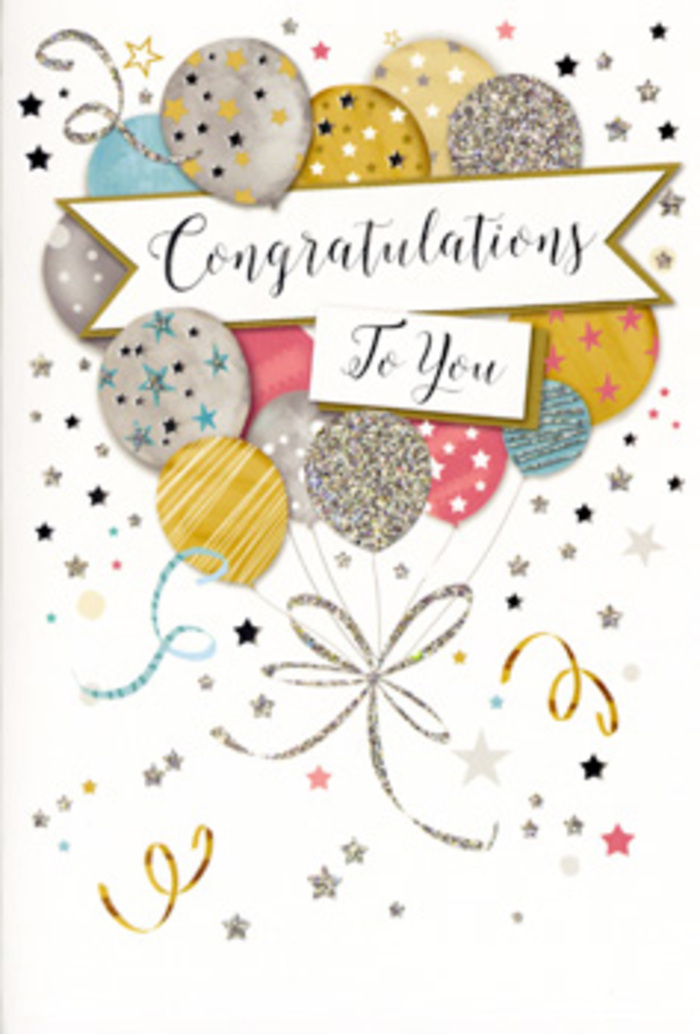 This congratulations card artwork captures the refined yet joyful spirit of a Surrey celebration, like a toast raised on a terrace overlooking soft green countryside. The focal point is a lush cluster of illustrated balloons, grouped together in a way that feels almost floral. The balloons rise from the lower half of the card in complimentary shades of metallic gold, cool silver, warm champagne, airy sky blue, blush pink, and subtle grey. Each is decorated with its own gentle pattern-fine stripes, miniature stars, or lightly glittered details-creating the impression of different textures woven together in one harmonious display. From the base of the cluster, elegant ribbons cascade downward in curls of gold and silver, crossing over one another like the trailing stems and wrapping of a carefully finished bouquet. Floating over the centre of this arrangement is a soft white banner, its edges slightly curved, carrying the words Congratulations To You in ornate, fluid script that feels both timeless and personal. Around the balloons and banner, small metallic stars and looping streamers scatter across a pale, luminous background, evoking the joyful scatter of confetti at a well-loved family celebration somewhere between Woking, Reigate, and Leatherhead. The composition is airy and balanced, with every detail contributing to a sense of poised happiness. From a florist's perspective in Surrey, this card mirrors the feeling of presenting a congratulatory arrangement that is understated yet special-perfect for marking exam successes, work promotions, or life milestones, and for sending warm wishes that feel every bit as uplifting as the balloons that float across the design.