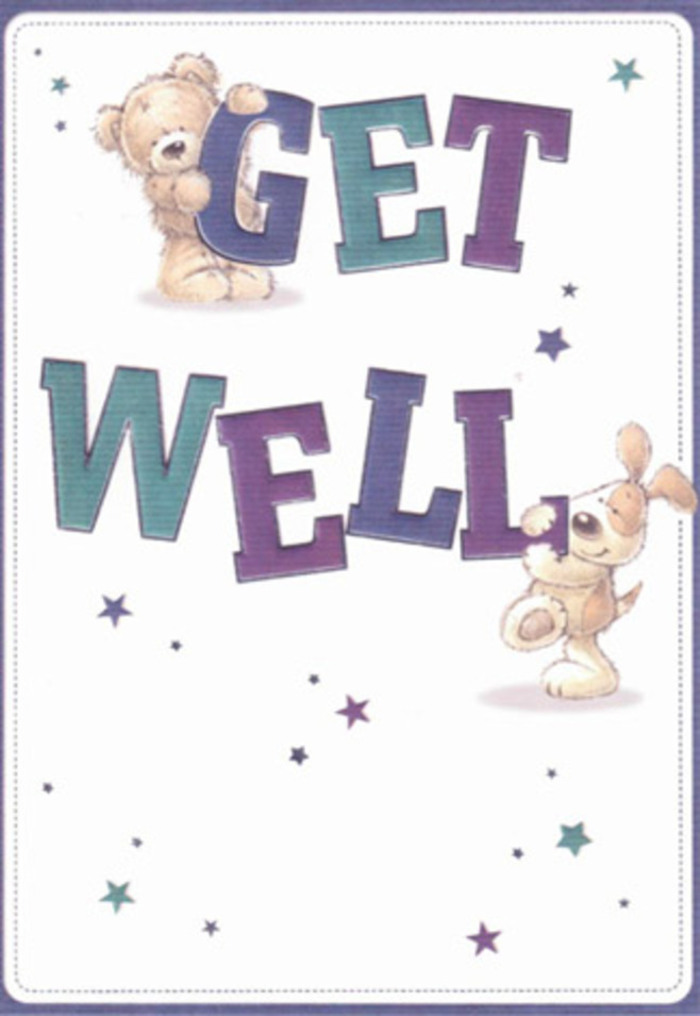 A vibrant celebration of hope and encouragement, this illustrated get well card draws inspiration from Surrey's peaceful villages and flourishing gardens. The design centres on a lovable bear and an exuberant puppy, their playful features radiating the cheerfulness so often found in community gatherings at local Surrey events. Mingling across the scene, stars of soft blue and violet twinkle, scattering gentle well-wishes like petals on a breeze over the lawns of Farnham or the greenways of Walton-on-Thames. The 'GET WELL' message stands out in bold, confident letters shaded in harmonious purples and aquas, grounding the illustration in assurance and calm-just as a thoughtfully arranged bouquet soothes with its presence. The tactile, almost strokeable, softness of the bear's fur and the velvety, endearing ears of the puppy bring a sense of touch and realism akin to experiencing freshly picked freesias or roses from Flower Delivery Surrey. Each detail, from the radiant stars to the open, airy background, combines in a spirit of heartfelt kindness, making this card an ideal companion for anyone on the mend-whether recovering in Reigate or enjoying a peaceful afternoon near Ashtead Common. Its light, dynamic composition gently lifts the spirit, offering reassurance and a sense of belonging in Surrey's close-knit embrace.