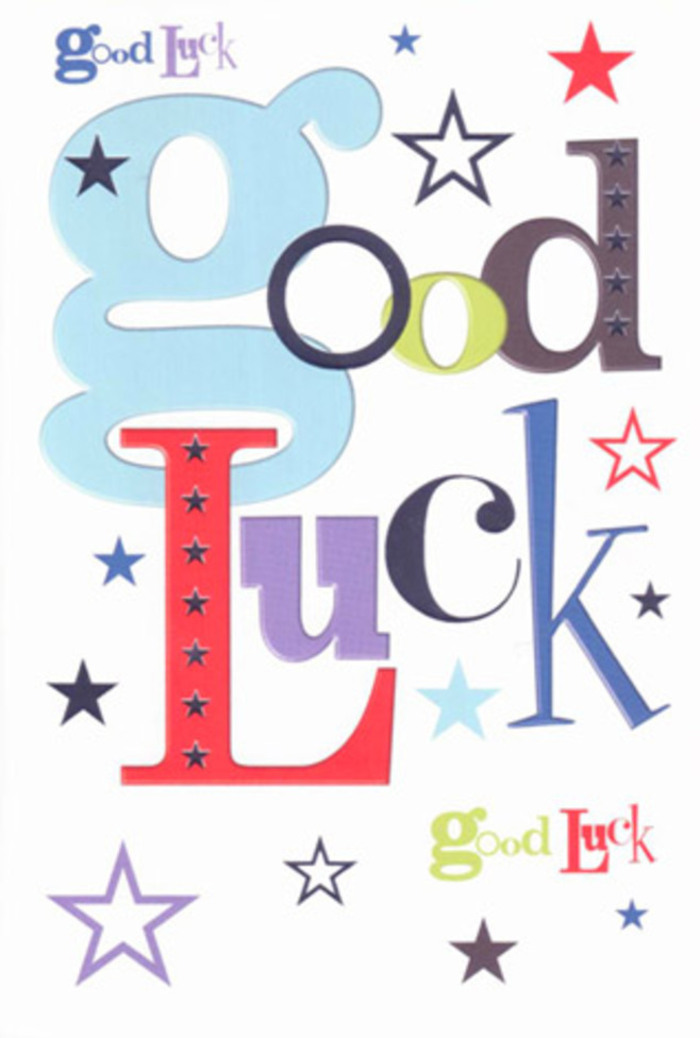 A vibrant good luck card is pictured from above, glowing with colour and personality against a flawless white background, like a modern art piece that just happens to carry a heartfelt message. The central words Good Luck emerge in a playful mix of typography: broad, pastel-blue characters sit alongside slender midnight-black strokes, exuberant reds, mossy greens, and deep violets. Each letter feels individually styled, as if a local Surrey illustrator tested different pens and paints at a kitchen table in Farnham until every curve and line looked just right. Dancing around the wording are dozens of coloured stars, from tiny specks to more prominent bursts, scattered in navy, lilac, sky blue, lemony lime, and soft lavender. They spin outward across the card like tiny sparks of hope, evoking the buzz of friends cheering at a promotion, a driving test pass, or a new adventure starting from a quiet street in Walton-on-Thames. The background is a crisp, unbroken white that gives each hue room to breathe, mimicking the clean spacing a florist uses when placing stems to create a sense of movement and light. Although we cannot touch it, the cardstock appears smooth, thick, and luxurious, with a subtle sheen that would glide under the fingertips, similar to the feel of a high-quality gift tag tied to a bouquet ribbon. The atmosphere is upbeat but genuine-no glitter, no fuss-just a sincere, visually joyful wish. The design feels like a friendly crowd on the sidelines, clapping and laughing, ready to walk beside someone as they step into the unknown, whether that's a new school in Dorking or a big relocation beyond Surrey.
