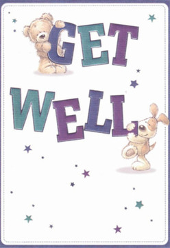 This beautifully detailed get well card, alive with the distinct warmth of Surrey's countryside charm, is reminiscent of the gentle touch a local florist brings to every thoughtful bouquet. Adorable and inviting, a plush teddy bear delicately grips the top of the word 'GET,' while a spirited puppy nestles next to the bold 'WELL' below, their rounded shapes and softly expressive faces beaming with gentle hope. Dashes of deep purple and calming teal add vibrancy to the hand-lettered text, echoing the colourful mix of fresh blooms found at flower stalls in Dorking and Godalming. The pristine white backdrop imparts a sense of clarity and serenity-qualities deeply appreciated when sending wishes for recovery to loved ones across Surrey. Sprinkled about their feet and over their heads, luminous stars in varying shades gently hint at magic and possibility, much like a carefully selected bouquet promising brighter days. The plush textures of the bear's fur and the puppy's ears are almost tangible, capturing the sensation of comfort that fresh flowers bring when delivered to a bedside in Leatherhead or a kitchen table in Redhill. Every artistic detail has been created with as much care as a hand-tied arrangement at a trusted local shop, making this card an uplifting choice to express genuine warmth, encouragement, and support throughout Surrey.