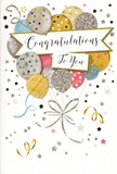 The design on this congratulations card feels like a moment of celebration captured just as the sun spills into a Surrey conservatory, softly illuminating balloons and flowers alike. At the heart of the image is a rounded bouquet of illustrated balloons, rising gracefully in a palette of champagne gold, soft silver, muted sky blue, blush pink, and gentle grey. Some balloons are patterned with tiny metallic stars, others with slim stripes, and a few show delicate glitter-style highlights that suggest a fine sparkle without overpowering the calm elegance of the scene. Slim ribbons in gold and silver curl down from the base of the cluster, looping and twisting as if caught by a light indoor breeze, bringing a sense of movement and tying the composition together like carefully arranged bouquet stems. Draped across the centre is a white banner that arcs gently over the balloons, carrying the message Congratulations To You in smooth, decorative calligraphy that feels genuinely heartfelt. Surrounding this central feature, the pale background is sprinkled with small metallic stars, dots, and curling confetti ribbons, evoking the joyful scatter you might see after a toast at a Surrey celebration, whether in a village hall near Dorking or a family home in Guildford. The atmosphere is bright but not loud, blending pastel tones with metallic touches to create a look of thoughtful, polished happiness. As a local florist, I'd say this card would sit perfectly beside a fresh congratulatory arrangement, helping to express pride, admiration, and warm wishes for any special achievement across the county.