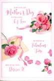 The Mother's Day card design evokes the feeling of a fresh Surrey bouquet gently laid down on a white table, captured in a moment of stillness before being handed to Mum with a hug. In the centre, a cluster of open pink roses draws the eye, each bloom made up of many softly rounded petals that transition from pale, almost milky blush at the edges to stronger rose tones at the heart. The artist's use of shading gives the flowers a velvety, touchable quality, as if these roses were just gathered from a garden in Dorking or a flower stall in Guildford town centre. Scattered around the central bouquet, individual petals rest lightly on the pale background, creating a sense of graceful movement, like petals shaken free during a gentle walk across a Surrey common. A slender ribbon in a coordinating pastel shade weaves through the roses, its loose loops and subtle sheen suggesting a lovingly wrapped gift, echoing how a florist might finish a hand-tied bunch before it's sent out for local delivery. Elegant, swirling script arcs across the card, carrying a warm Mother's Day message that complements the soft curves of the petals and ribbon. The overall lighting is gentle and warm, creating faint shadows that give depth without disturbing the calm, airy mood. This image conveys quiet appreciation and tenderness, like a peaceful Sunday morning at home when time slows down long enough to share flowers, a heartfelt card, and a moment of gratitude with Mum anywhere in Surrey.